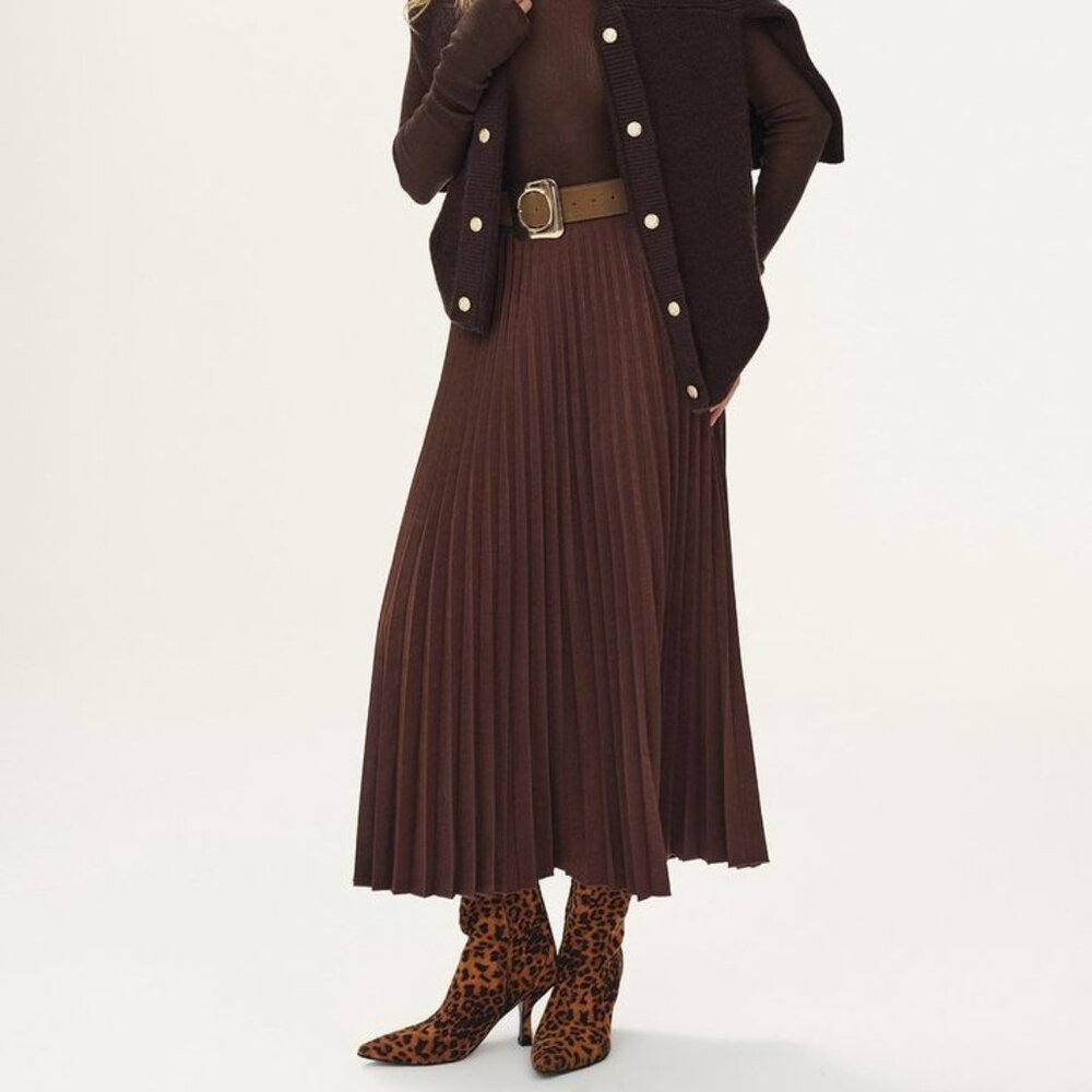 Brown Pleated Midi Maxi Skirt with Vegan Leather Belt